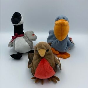 Ty Beanie Babies Bird Trio Early Bird Robin Scoop Pelican Loosy Goose Plush